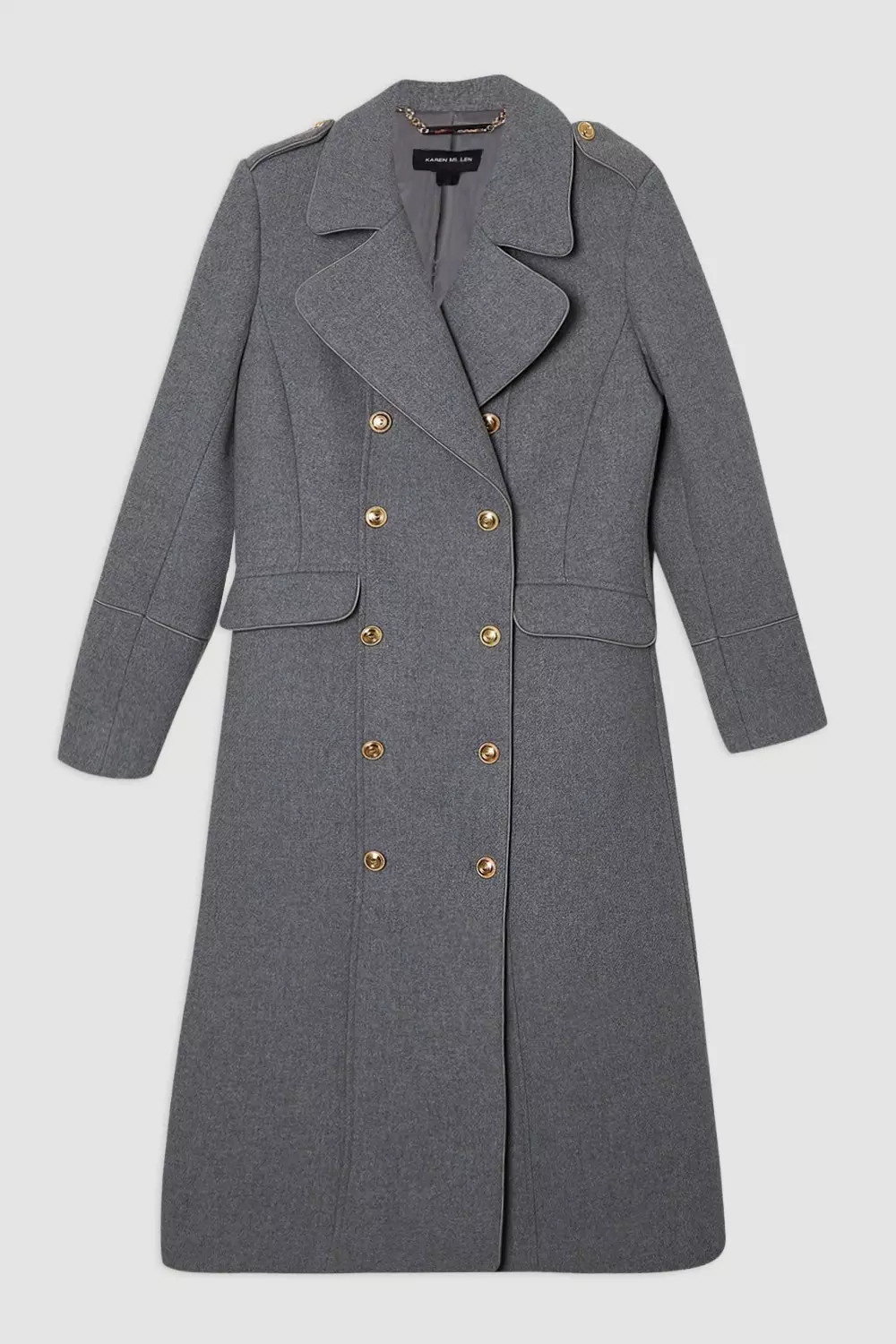 Wool Double Breasted Military Tailored Midi Coat | Karen Millen